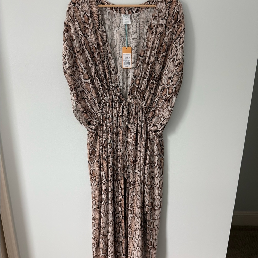 Kona Sol Snakeskin Print Tie Front Midi Kimono Swim Coverup